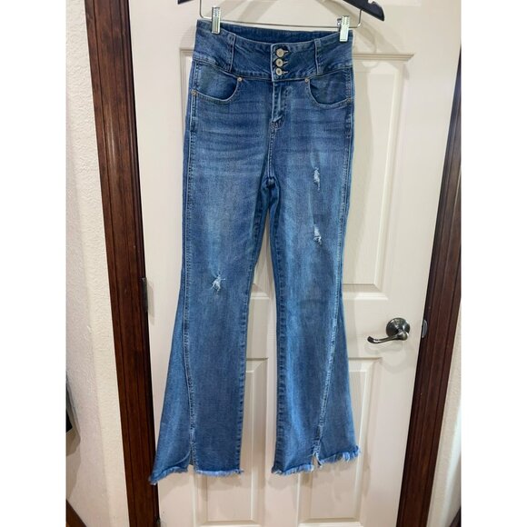 KanCan Womens Distressed Flare Durkin Jeans High Rise Raw Hem Size 7/27 BOHO - Picture 9 of 11